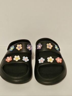 Black Floral Slide Sandals with Removable  Multicolor Flower Accents